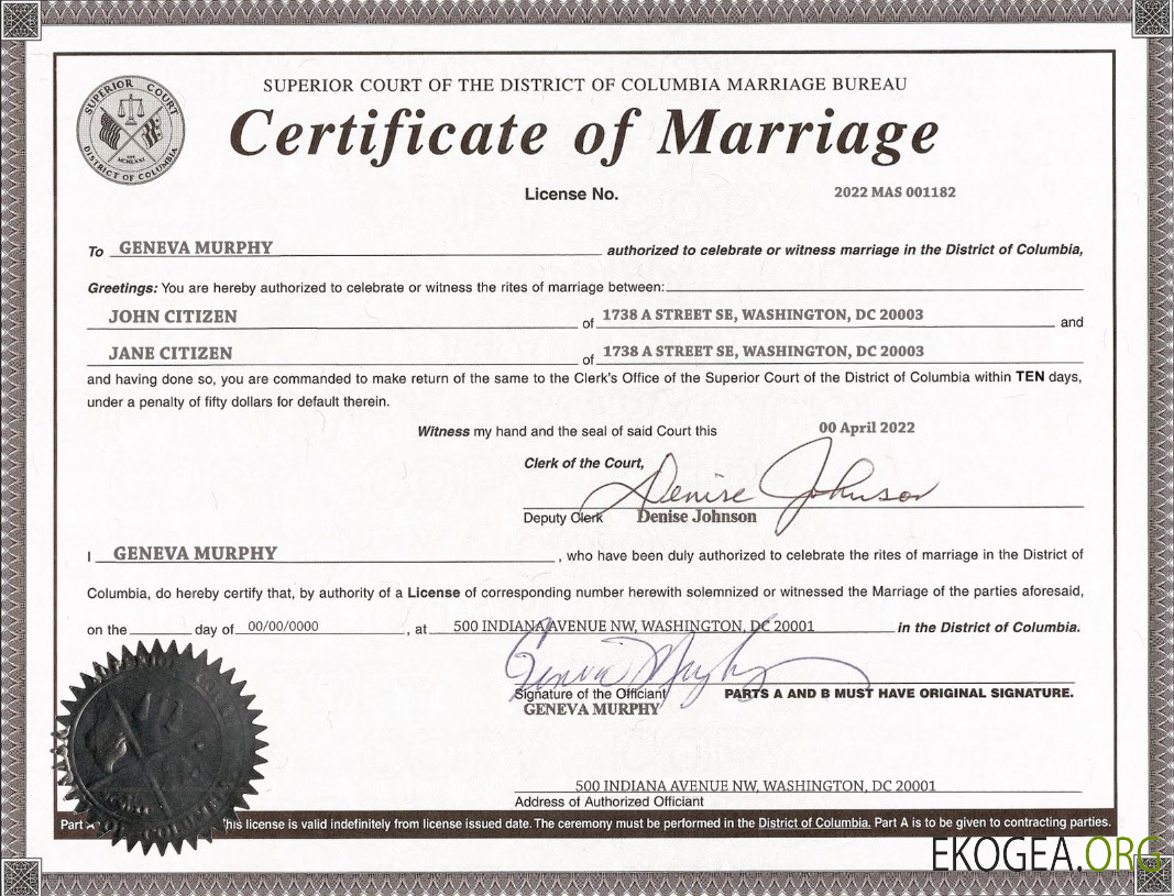Modèle de certificat de mariage du district de Columbia, Washington, États Unis, au format PSD